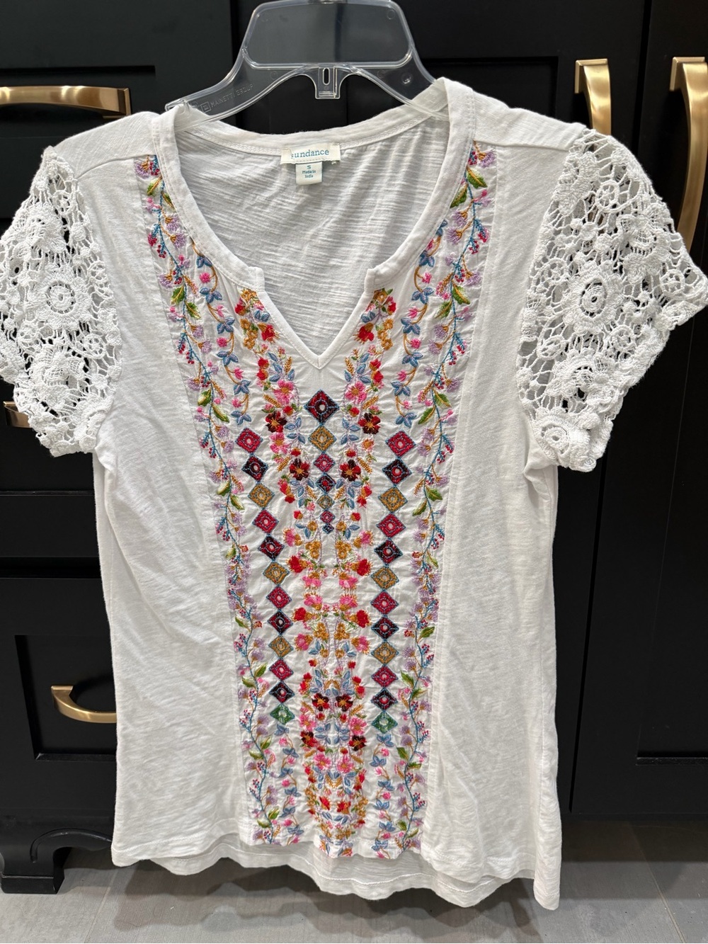 Sundance White Multicolor Embroidered V-Neck Lace Sleeve Top - Picture 3 of 7